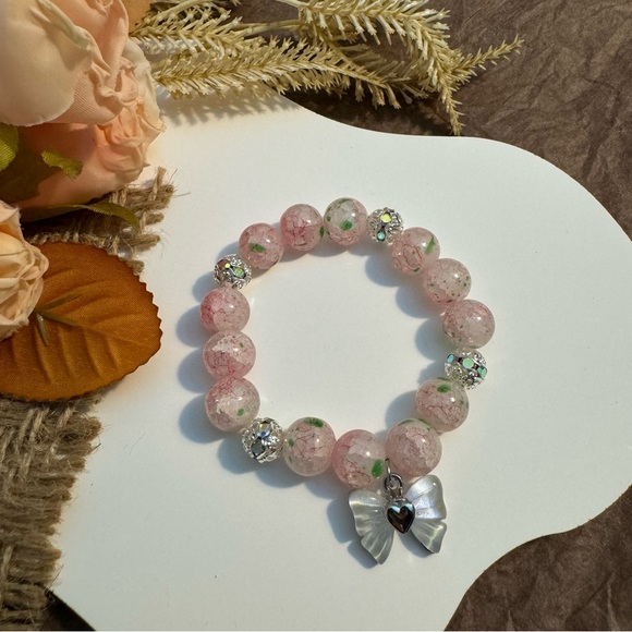 Baby Pink Beaded Bracelet with Bow Charm - Picture 3 of 5